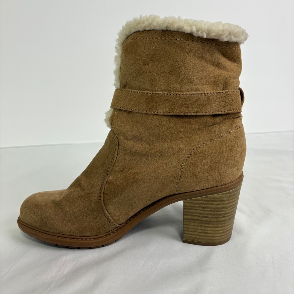 American Eagle Women's 8 Tan Suede Faux Fur Lined Heeled Ankle Boots Cozy Winter - Picture 7 of 11